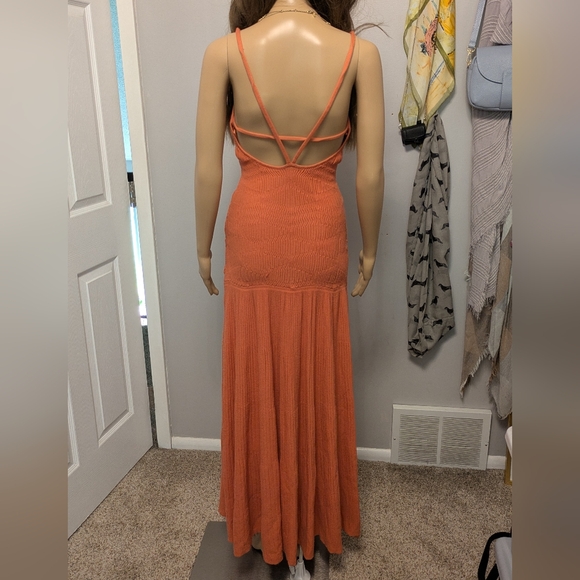 Express Orange Knit Pleated Strappy Back Maxi Sweater Dress - Picture 2 of 3